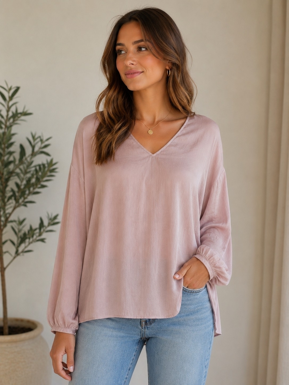 4/$40  Banana Republic Blush Pink V-Neck Long Sleeve Blouse
